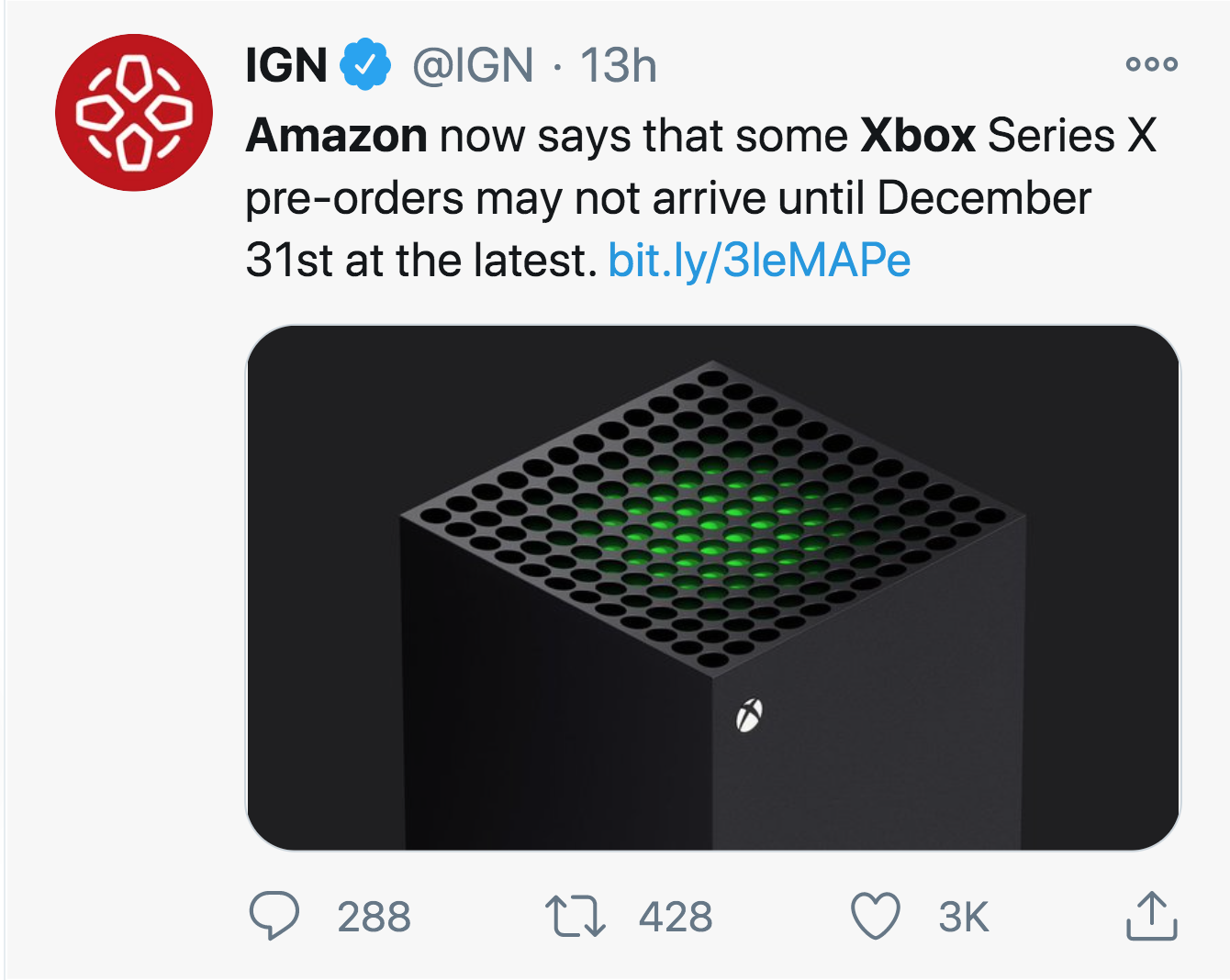xbox series x -  Amazon now says that some Xbox Series X preorders may not arrive until December 31st at the latest. bit.ly3leMAPE 288 12