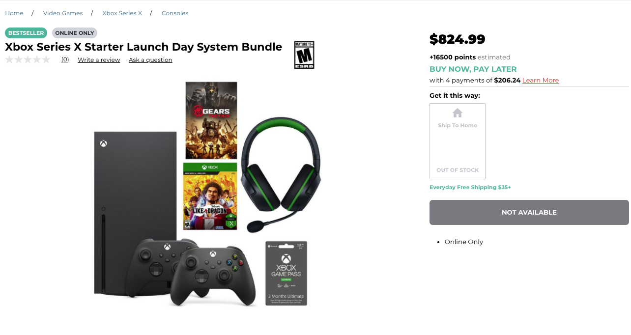 multimedia - Home Video Games Xbox Series X Consoles Bestseller Online Only $824.99 Mature 16 Xbox Series X Starter Launch Day System Bundle 0 Write a review Ask a question M Esro 16500 points estimated Buy Now, Pay Later with 4 payments of $206.24 Learn 