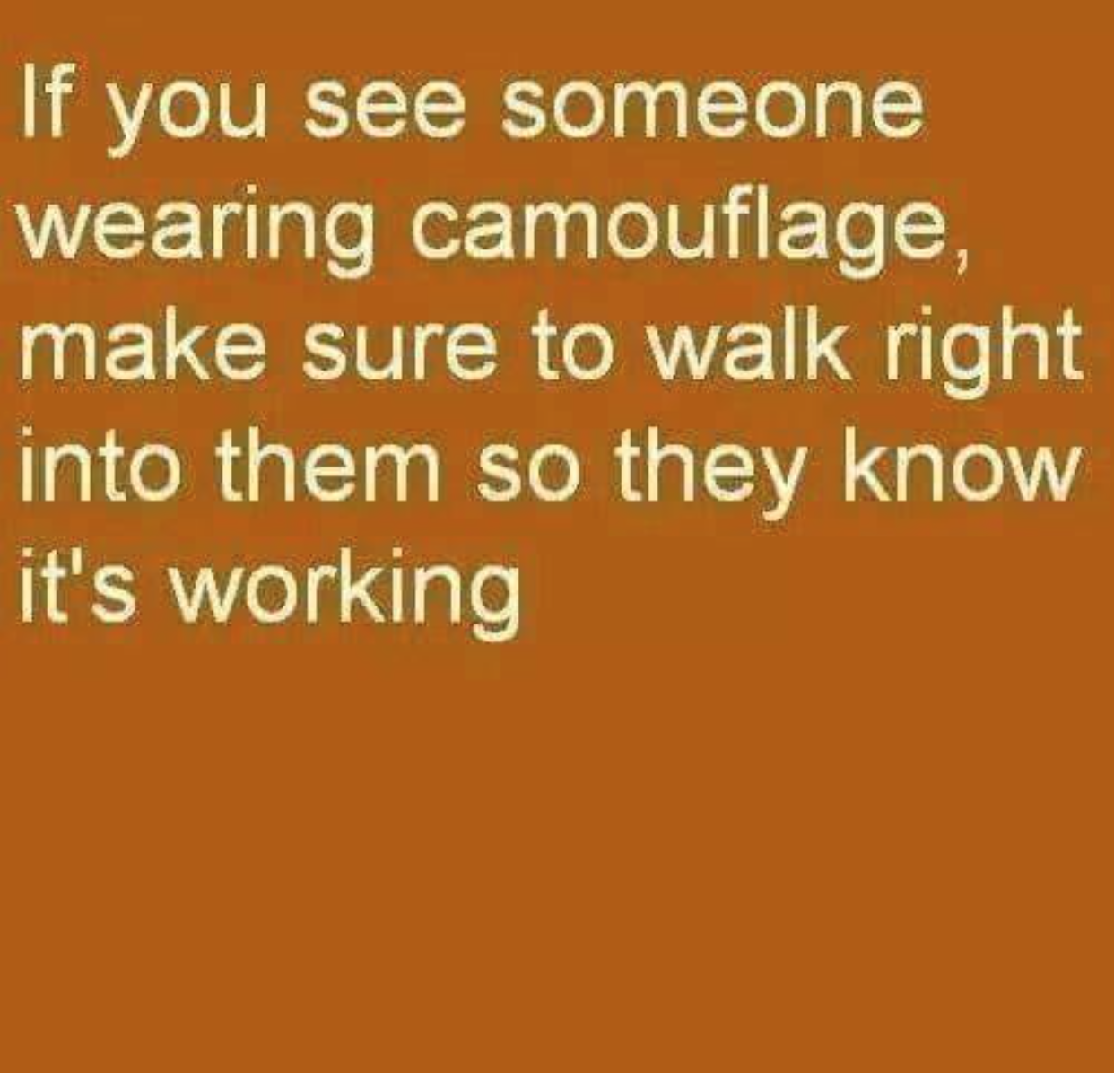 orange - If you see someone wearing camouflage, make sure to walk right into them so they know it's working