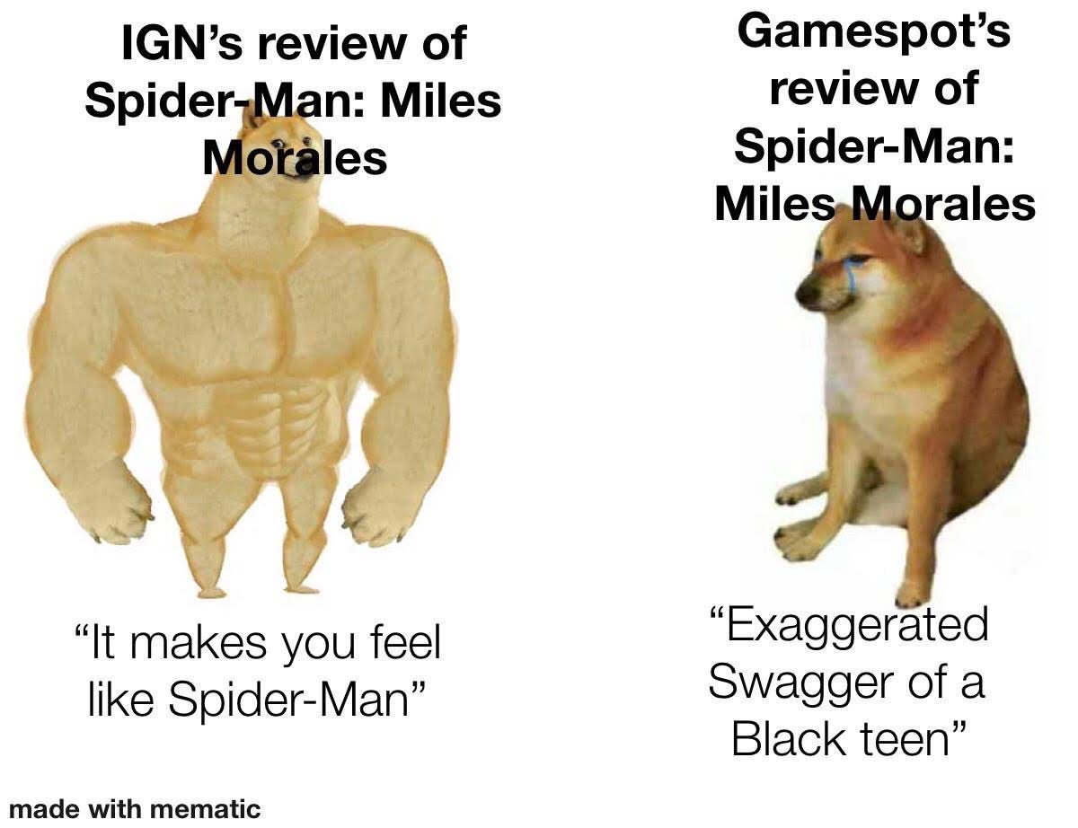 spiderman- miles - morales - memes - yandere dev memes - Ign's review of SpiderMan Miles Morales Gamespot's review of SpiderMan Miles Morales "It makes you feel SpiderMan" "Exaggerated Swagger of a Black teen made with mematic