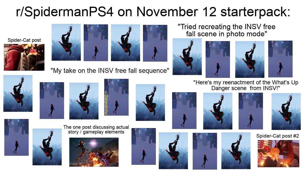 spiderman- miles - morales - memes - collage - rSpidermanPS4 on November 12 starterpack "Tried recreating the Insv free fall scene in photo mode" SpiderCat post "My take on the Insv free fall sequence" "Here's my reenactment of the What's Up Danger scene 