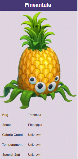 bugsnax - Pineantula Bug Tarantula Snack Pineapple Calorie Count Unknown Temperament Unknown Special Stat Unknown