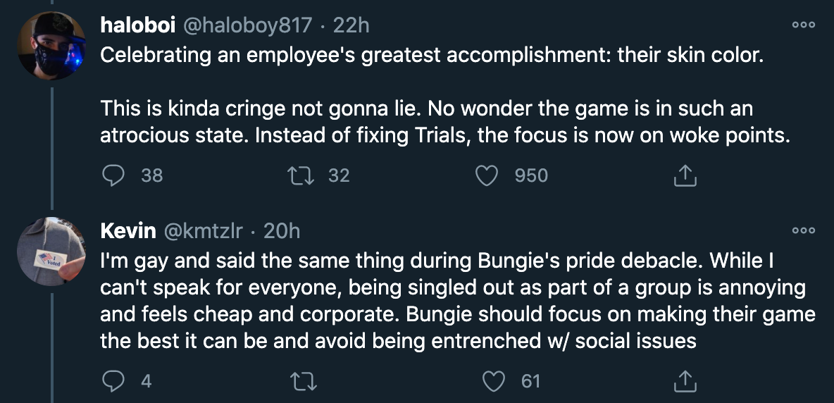 bungie video games - I'm gay and said the same thing during Bungie's pride debacle. While I can't speak for everyone, being singled out as part of a group is annoying and feels cheap and corporate. Bungie should focus on making their game the best it can 