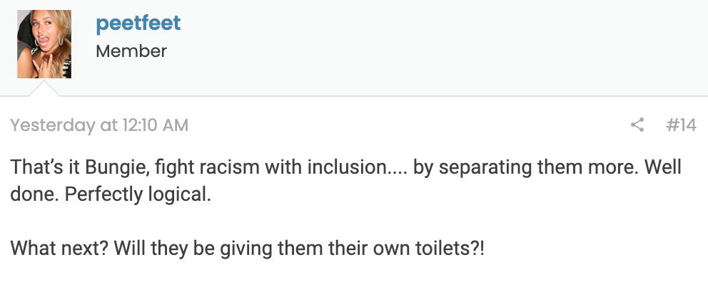 bungie video games - that's it bungie fight racism with inclusion by separating them more. well done perfectly logical. what next? will they be giving them their own toilets?