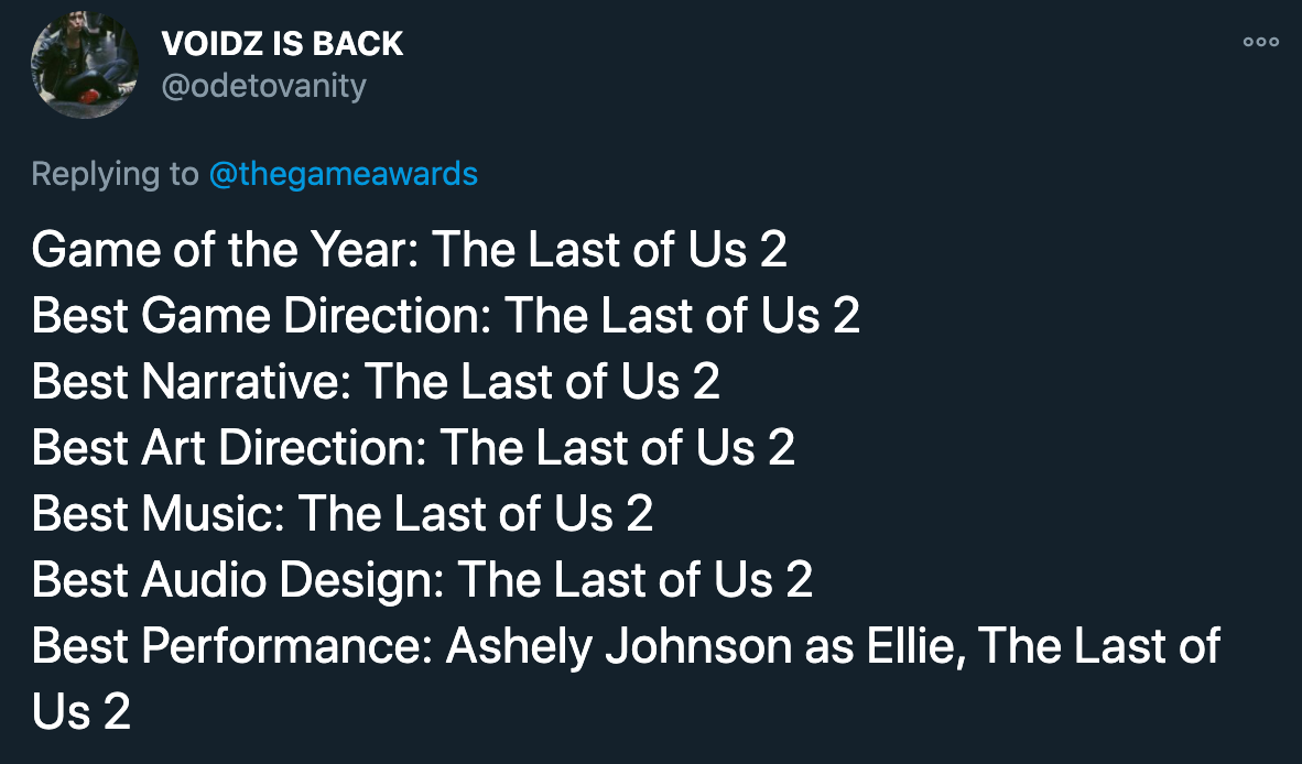 game of the year awards 2020 - Game of the Year: The Last of Us 2Best Game Direction: The Last of Us 2Best Narrative: The Last of Us 2 Best Art Direction: The Last of Us 2Best Music: The Last of Us 2Best Audio Design: The Last of Us 2Best Performance: Ash