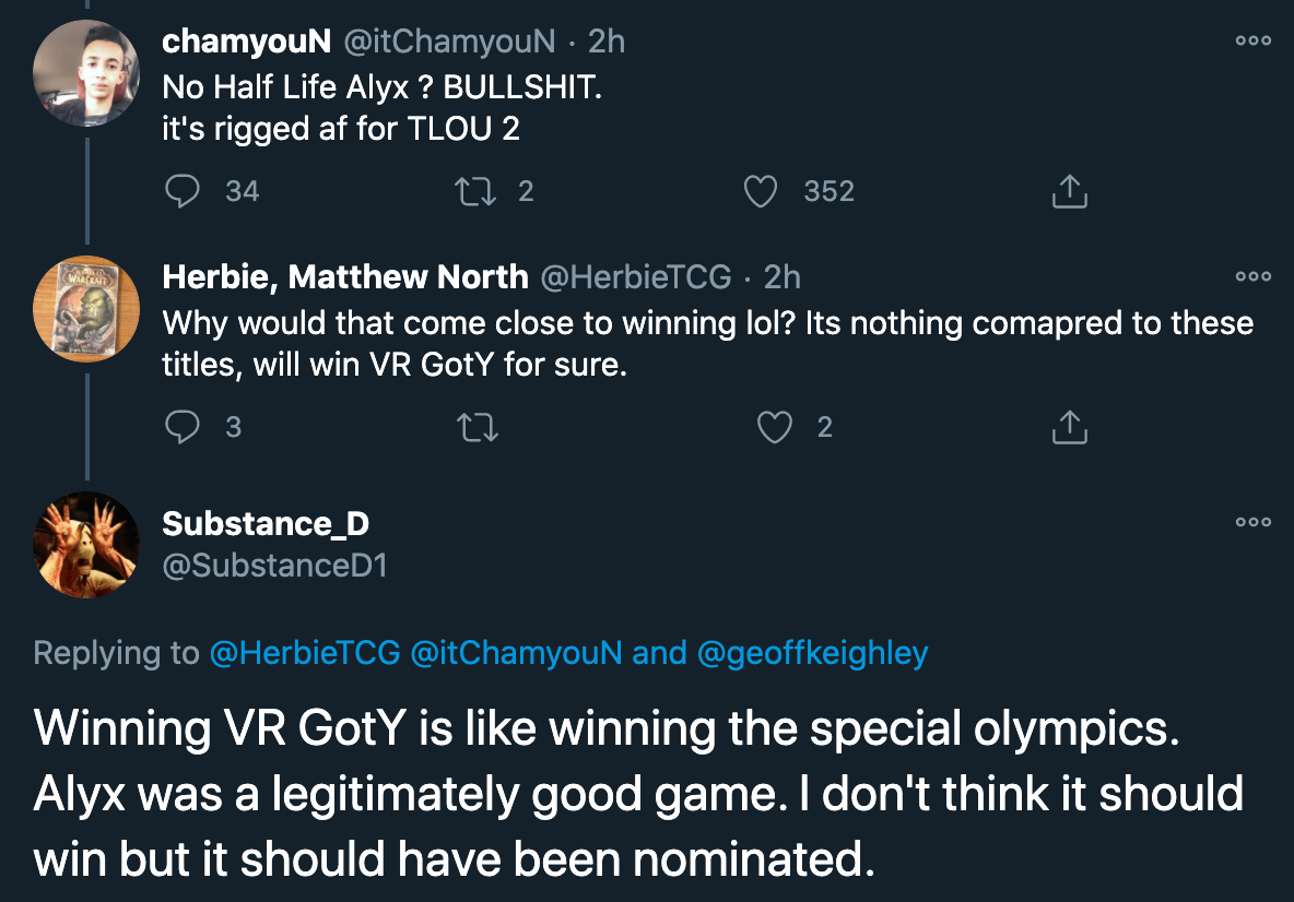 game of the year awards 2020 - Winning VR GotY is like winning the special olympics. Alyx was a legitimately good game. I don't think it should win but it should have been nominated.