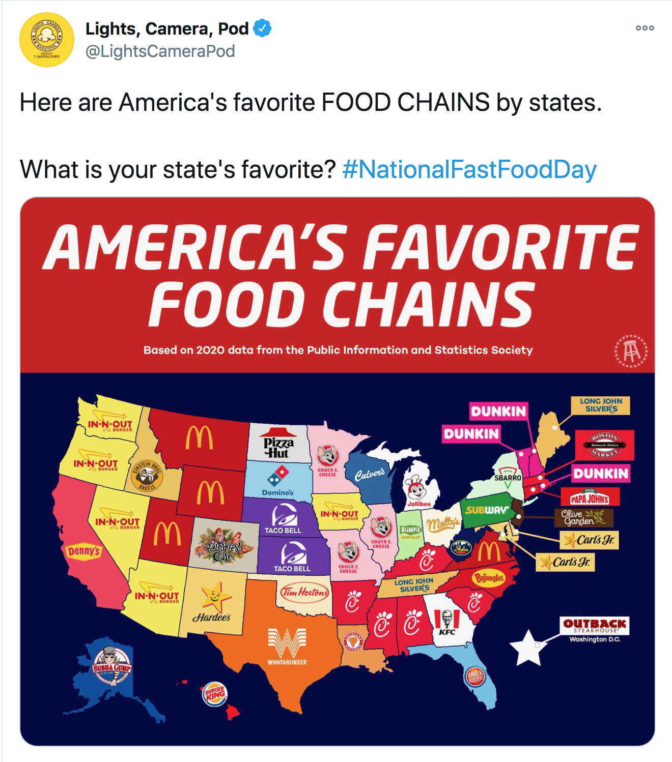 states favorite fast food - 000 Lights, Camera, Pod Here are America's favorite Food Chains by states. What is your state's favorite? America'S Favorite Food Chains Based on 2020 data from the Public Information and Statistics Society Login Nout M Dunkin 