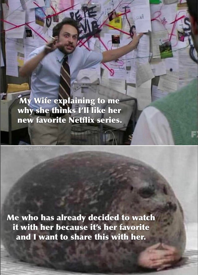 relationship-memes-it's always sunny meme - My Wife explaining to me why she thinks I'll her new favorite Netflix series. F DadNotes Me who has already decided to watch it with her because it's her favorite and I want to this with her.
