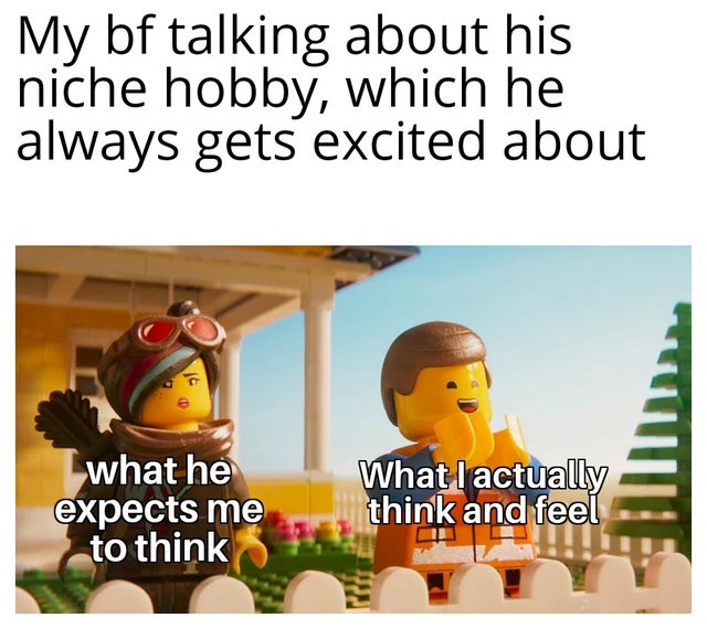 relationship-memes-The Lego Movie - My bf talking about his niche hobby, which he always gets excited about what he expects me to think What I actually think and feel