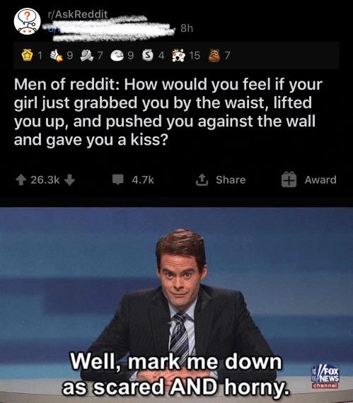 relationship-memes-photo caption - rAskReddit 8h 9 4 15 7 Men of reddit How would you feel if your girl just grabbed you by the waist, lifted you up, and pushed you against the wall and gave you a kiss? 1 Award Well, mark me down as scared And horny. fox 