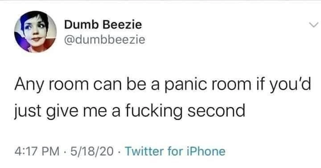 dark-memes-Dumb Beezie Any room can be a panic room if you'd just give me a fucking second . 51820 Twitter for iPhone