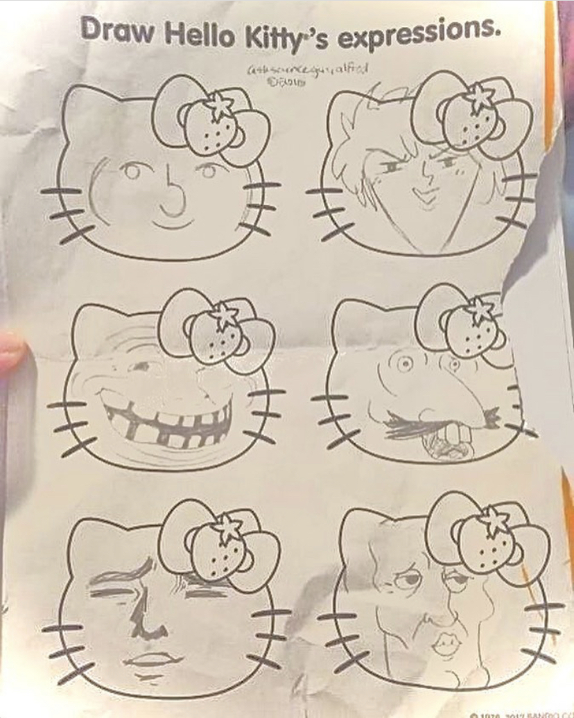 funny memes - draw hello kitty expressions - Draw Hello Kitty's expressions. Grey $