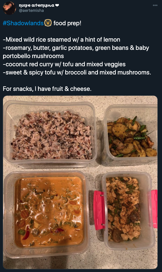 world of warcraft shadowlands food prep - shadowlands food prep. mixed wild rice steamed w/ a hint of lemon rosemary butter garlic potatoes green beans and baby portobello mushrooms. coconut red curry with tofu and mixed veggies. sweet and spicy tofu with