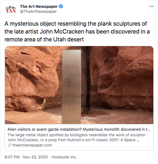 rock - God The Art Newspaper Tan A mysterious object resembling the plank sculptures of the late artist John McCracken has been discovered in a remote area of the Utah desert Alien visitors or avantgarde installation? Mysterious monolith discovered in t..
