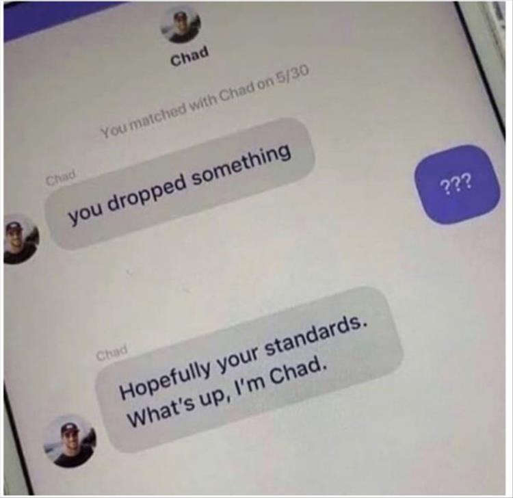 funny memes - label - Chad You matched with Chad on 530 Chad ??? you dropped something Chad Hopefully your standards. What's up, I'm Chad.