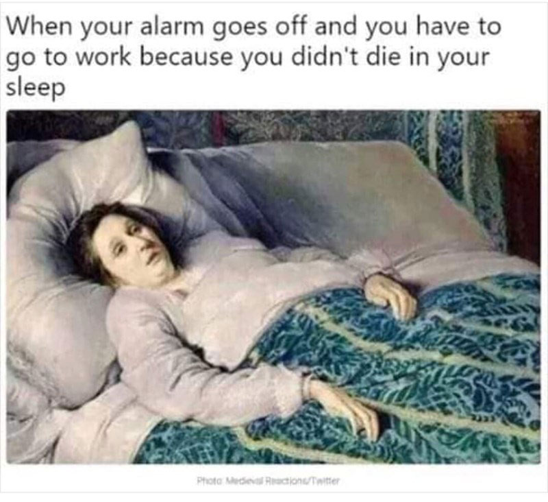 funny work memes - you have to go to work because you didn t die in your sleep - When your alarm goes off and you have to go to work because you didn't die in your sleep Photo detection Twitter