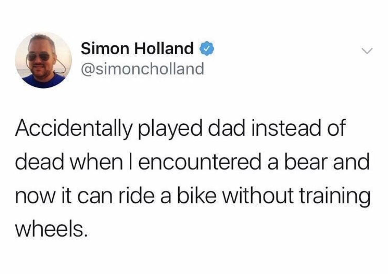 programmerhumor readme - Simon Holland Accidentally played dad instead of dead when I encountered a bear and now it can ride a bike without training wheels.