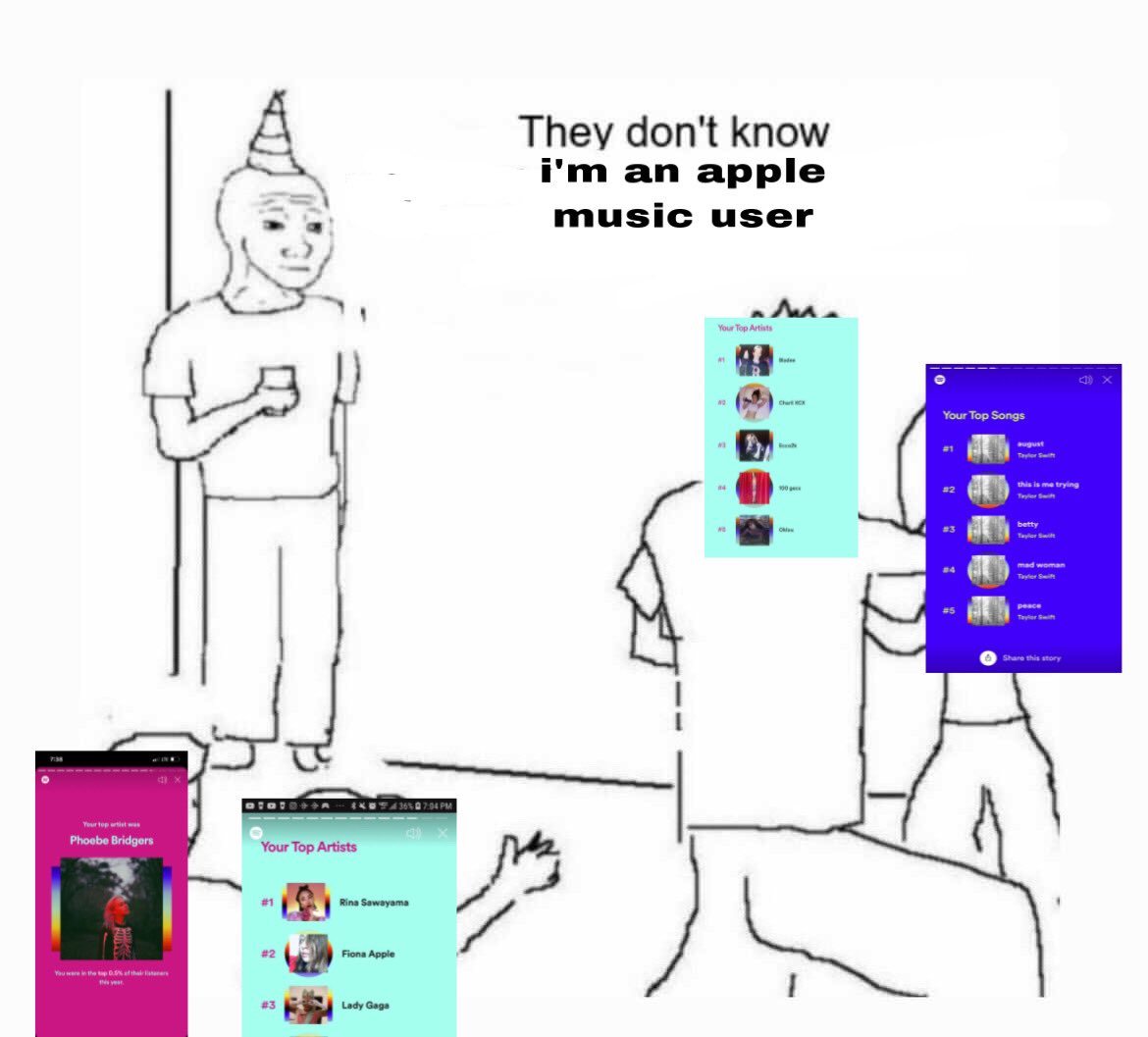 they dont know im wojak meme twitter - stirner at a party - They don't know i'm an apple music user Your Top Artists Your Top Songs gust this is me trying 32 betty Taylor Tayler pesce 054365 @ 2.94 Pm You tepat Phoebe Bridgers Your Top Artists Rina Sawaya