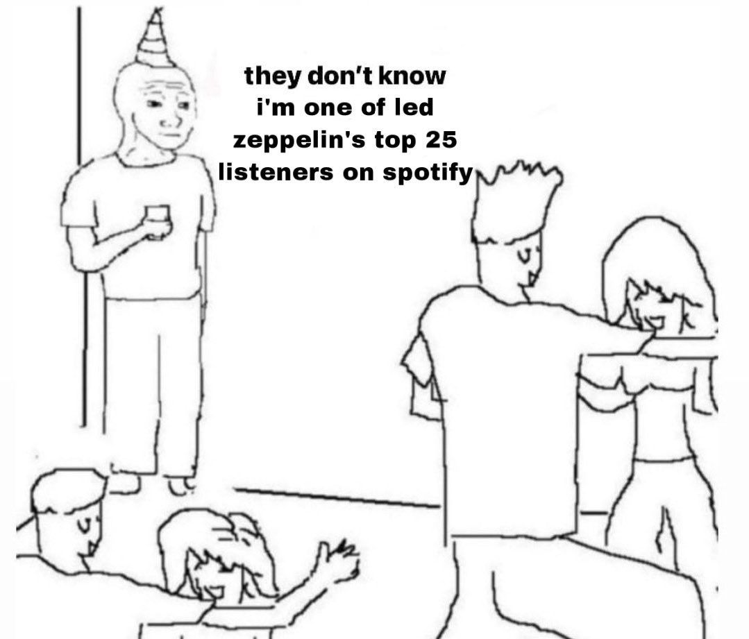 they dont know im wojak meme twitter - stirner at a party - they don't know i'm one of led zeppelin's top 25 listeners on spotify