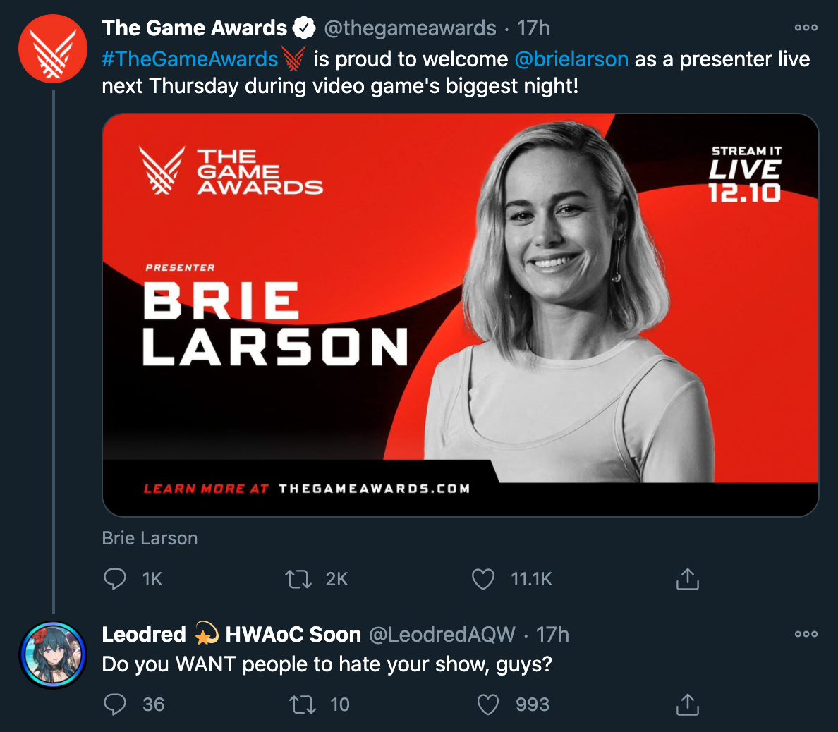 The Game Awards  is proud to welcome as a presenter Brie Larson