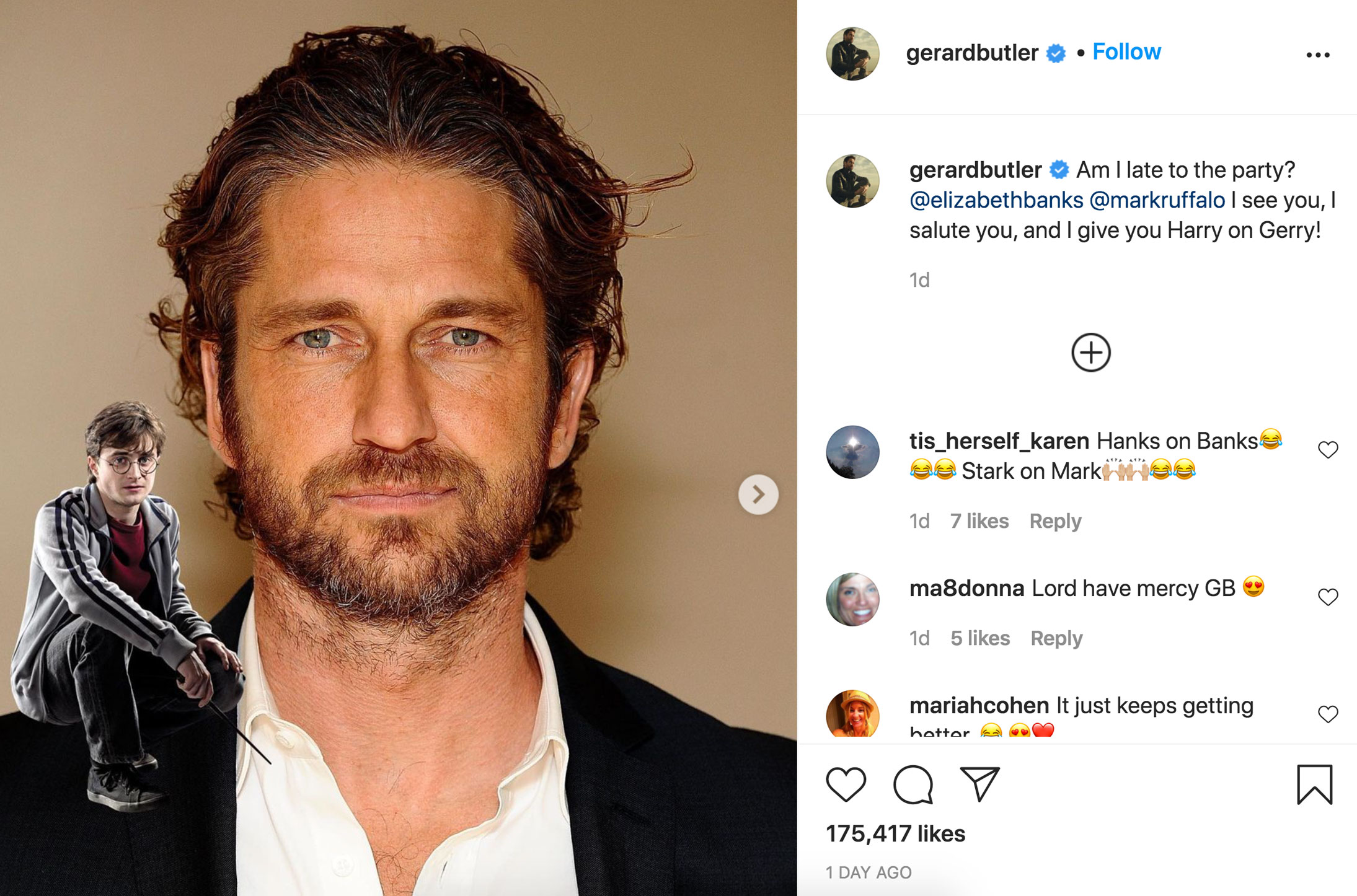 ruggedly handsome actors - gerardbutler. gerardbutler Am I late to the party? I see you! salute you, and I give you Harry on Gerry! 1d tis_herself_karen Hanks on Banks Stark on Mark 1d 7 madonna Lord have mercy Gb 1d 5 mariahcohen It just keeps getting ha