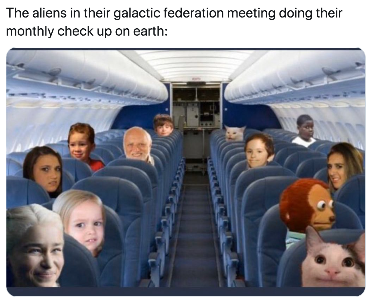 baby enters the plane - The aliens in their galactic federation meeting doing their monthly check up on earth