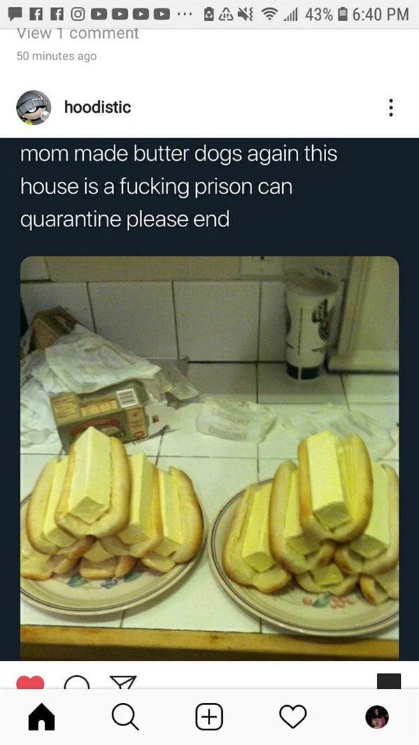 cringeworthy people - mom made butter dogs again - 4 l 43% f Food View 1 comment 50 minutes ago hoodistic ... mom made butter dogs again this house is a fucking prison can quarantine please end