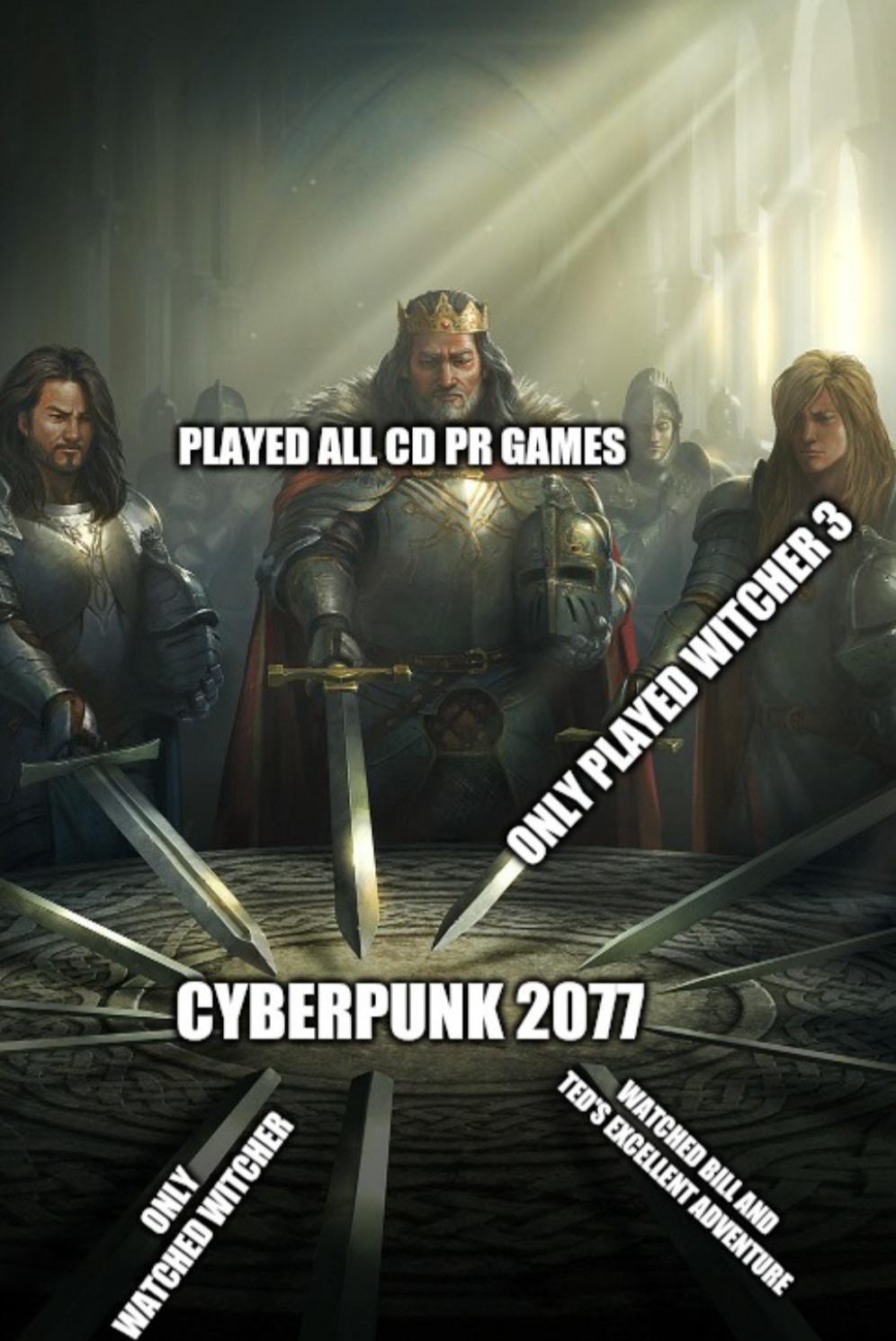 cyberpunk 2077 memes - Keanu Reeves - knights of the round table meme template - Played All Cd Pr Games Only Played Witcher 3 Cyberpunk 2077 Watched Bill And Ted'S Excellent Adventure Only Watched Witcher