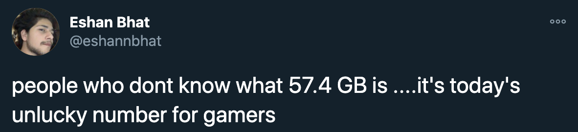 cyberpunk 2077 steam download pc gaming tweets twitter - presentation - Eshan Bhat people who dont know what 57.4 Gb is ....it's today's unlucky number for gamers