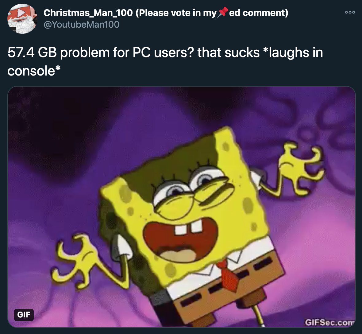 cyberpunk 2077 steam download pc gaming tweets twitter - evil laugh gif - Doo Christmas_Man_100 Please vote in my ed comment 57.4 Gb problem for Pc users that sucks laughs in console 3 Gif Gif Sec.com