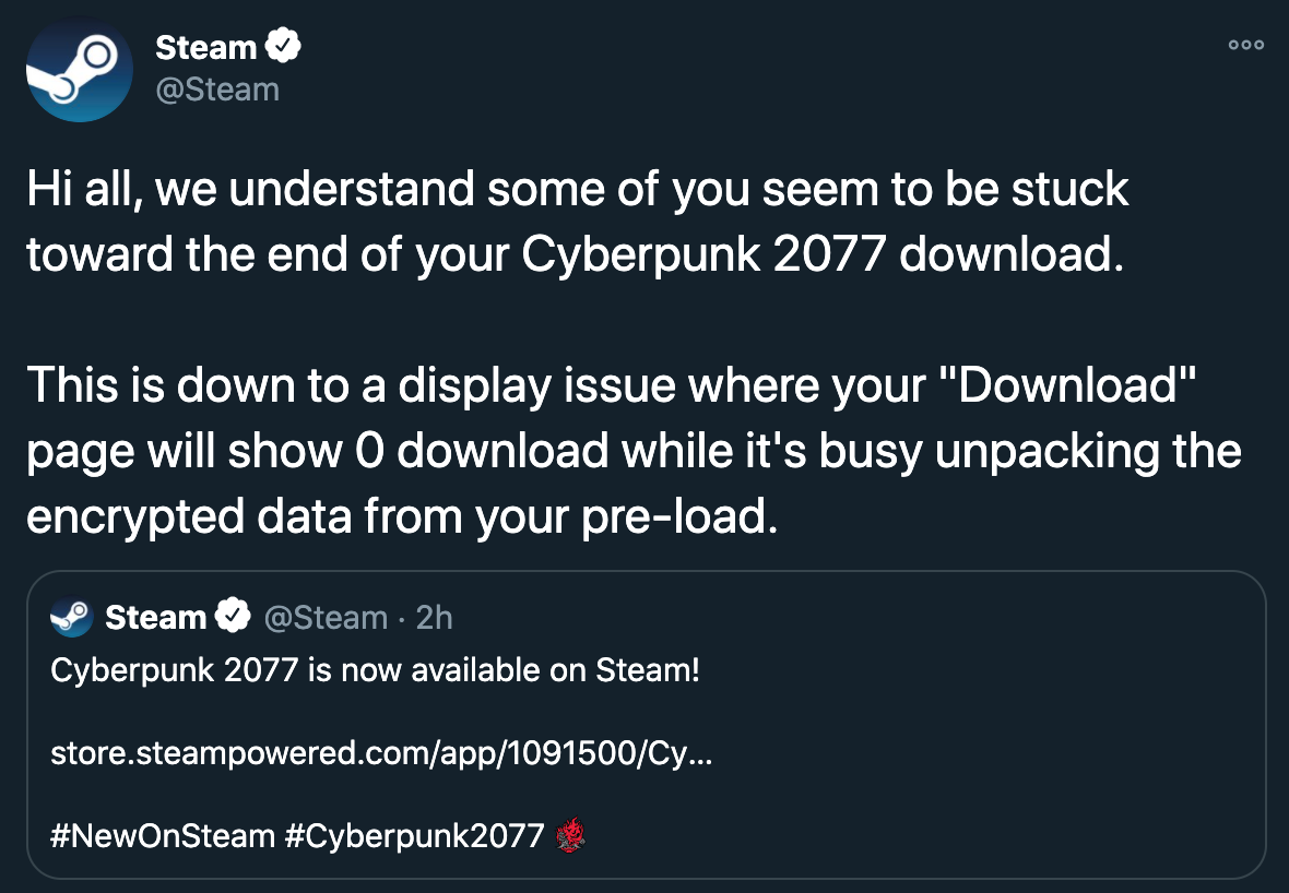 cyberpunk 2077 steam download pc gaming tweets twitter - screenshot - Steam Hi all, we understand some of you seem to be stuck toward the end of your Cyberpunk 2077 download. This is down to a display issue where your