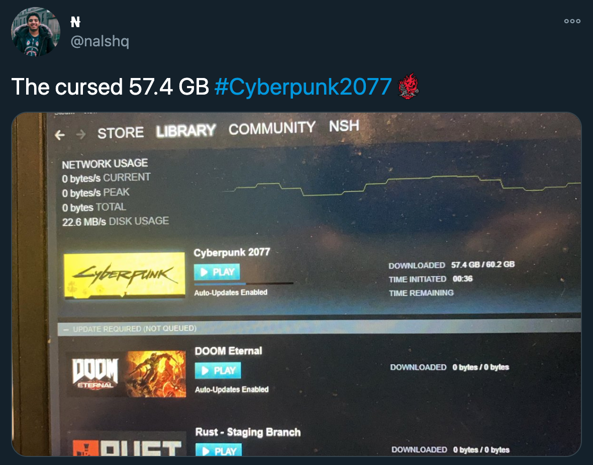 cyberpunk 2077 steam download pc gaming tweets twitter - multimedia - Doo The cursed 57.4 Gb 2077 Store Library Community Nsh Network Usage O bytess Current Obytess Peak O bytes Total 22.6 MbS Disk Usage Cyberpunk 2077 CyberpunK Puny Auto Updates Enabled 