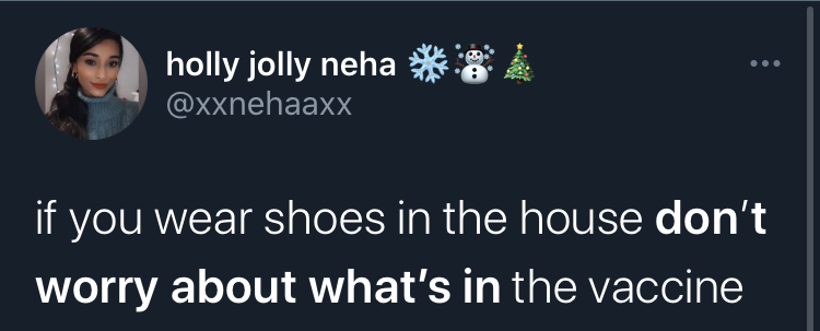 if you dont worry about what's in the covid vaccine -   high 5 - holly jolly neha if you wear shoes in the house don't worry about what's in the vaccine