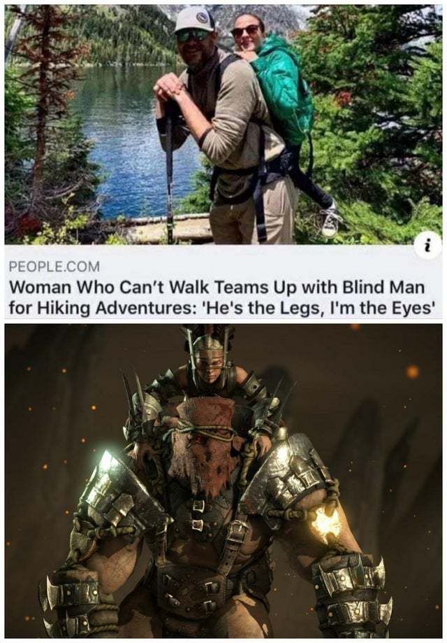 teamwork-memes-he's the legs in the eyes - On People.Com Woman Who Can't Walk Teams Up with Blind Man for Hiking Adventures 'He's the Legs, I'm the Eyes'