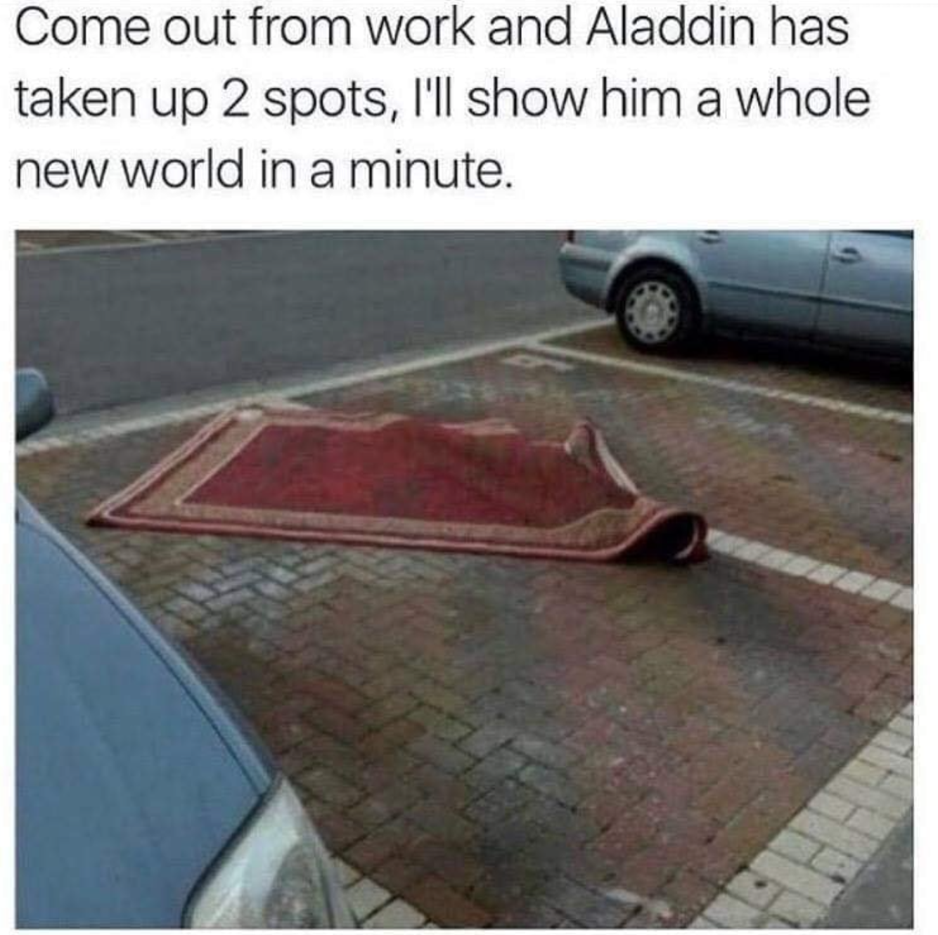 flying carpet meme - Come out from work and Aladdin has taken up 2 spots, I'll show him a whole new world in a minute.