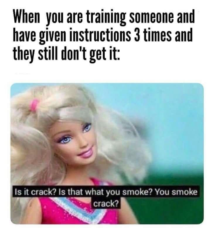 clean work memes - training a coworker meme - When you are training someone and have given instructions 3 times and they still don't get it Is it crack? Is that what you smoke? You smoke crack?