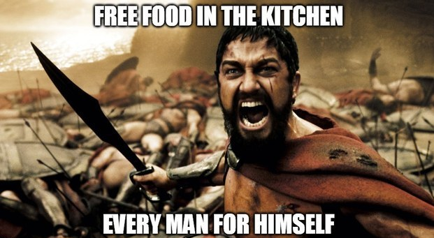 crazy-office-memes gerard butler sparta - Free Food In The Kitchen Every Man For Himself