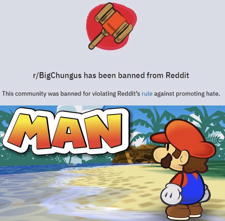 hugeplateofketchup8 - jackson weimer - man mario - rBigChungus has been banned from Reddit This community was banned for violating Reddit's rule against promoting hate. Man
