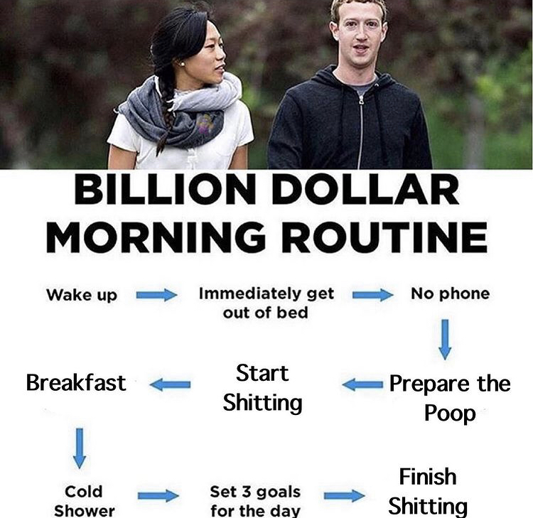 hugeplateofketchup8 - jackson weimer - billion dollar morning routine - Billion Dollar Morning Routine Wake up Immediately get out of bed No phone Breakfast Start Shitting Prepare the Poop 1 Cold Shower Set 3 goals for the day Finish Shitting