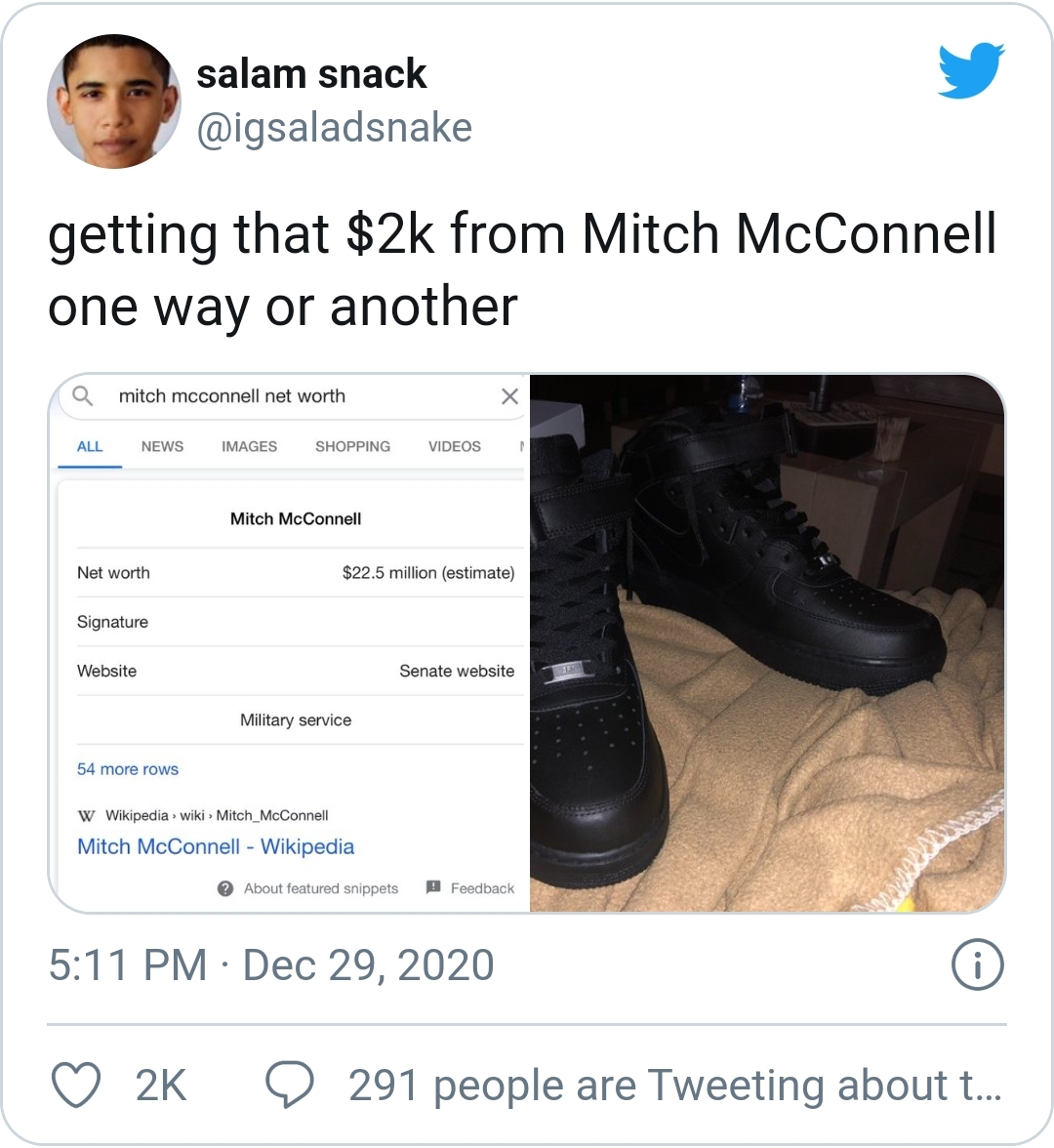 outdoor shoe - salam snack getting that $2k from Mitch McConnell one way or another mitch mcconnell net worth News Images Shopping All Videos Milch McConnell Net worth $22.5 milion estimate Signature Website Senate website Mitary service 54 more rows Mitc
