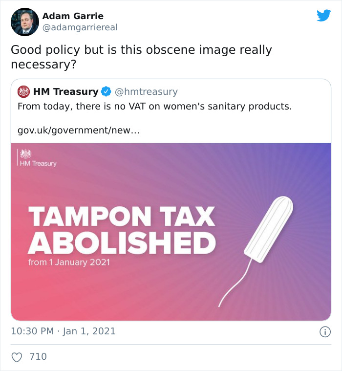 material - Adam Garrie Good policy but is this obscene image really necessary? Hm Treasury From today, there is no Vat on women's sanitary products. gov.ukgovernmentnew... Hm Treasury Tampon Tax Abolished from 710