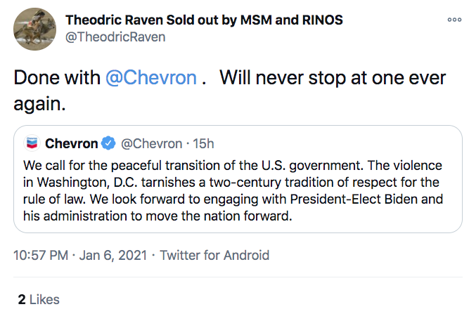 angle - 000 Theodric Raven Sold out by Msm and Rinos Done with . Will never stop at one ever again. Chevron 15h We call for the peaceful transition of the U.S. government. The violence in Washington, D.C. tarnishes a twocentury tradition of respect for th