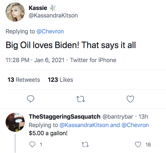 Kassie Big Oil loves Biden! That says it all Twitter for iPhone 13 123 22 TheStaggeringSasquatch 13h and $5.00 a gallon! 1 22 18