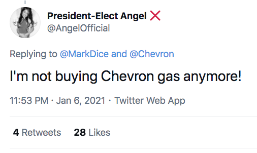 organization - PresidentElect Angel X and I'm not buying Chevron gas anymore! Twitter Web App 4 28