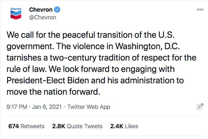 trump tweet wacko - Chevron Chevron We call for the peaceful transition of the U.S. government. The violence in Washington, D.C. tarnishes a twocentury tradition of respect for the rule of law. We look forward to engaging with PresidentElect Biden and his