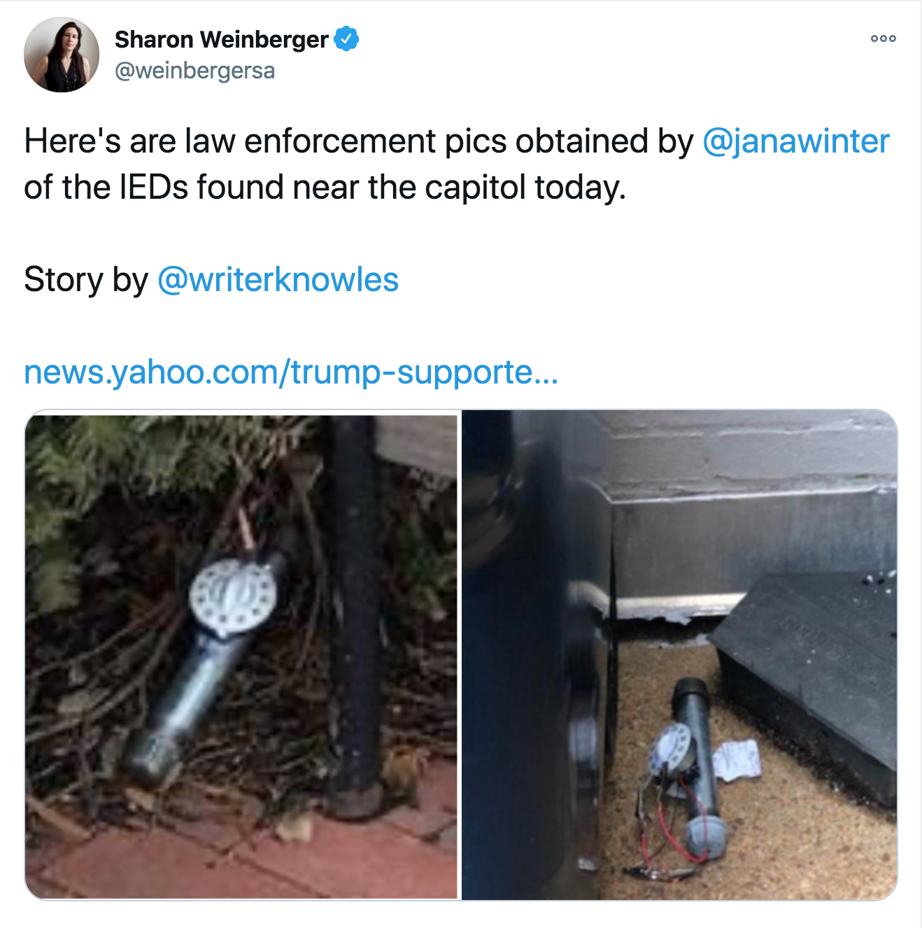 water - Doo Sharon Weinberger Here's are law enforcement pics obtained by of the IEDs found near the capitol today. Story by news.yahoo.comtrumpsupporte...
