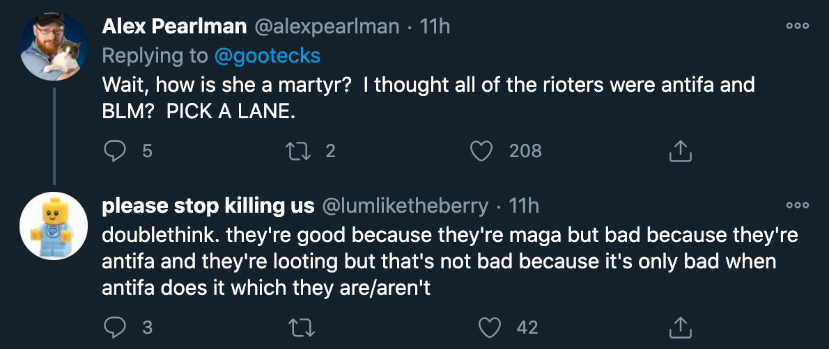 Wait, how is she a martyr? I thought all of the rioters were antifa and Blm? Pick A Lane. - doublethink. they're good because they're maga but bad because they're antifa and they