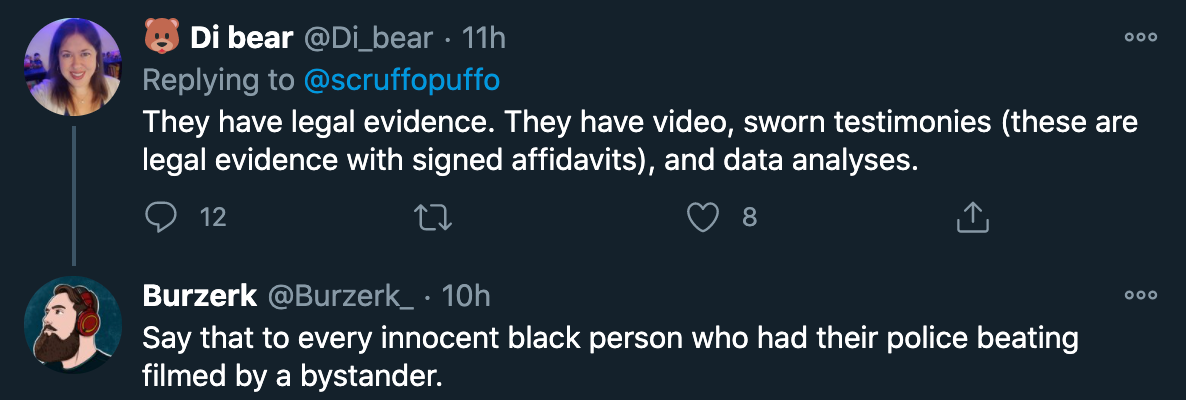 They have legal evidence. They have video, sworn testimonies these are legal evidence with signed affidavits, and data analyses. - Say that to every innocent black person who had their police beating filmed by a bystander