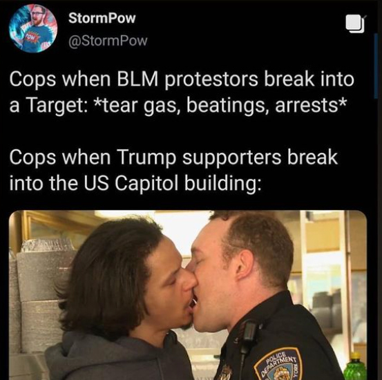 us capitol breach memes - conversation - Department Storm Pow Pow Cops when Blm protestors break into a Target tear gas, beatings, arrests Cops when Trump supporters break into the Us Capitol building Police