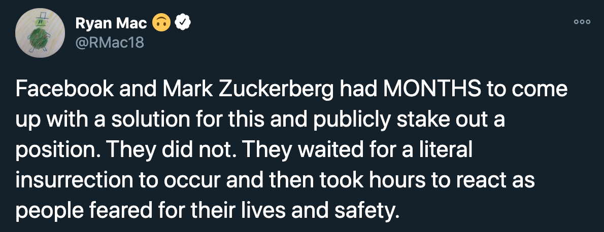 angry responses to mark zuckerberg disabling donald trump's facebook and instagram accounts - Facebook and Mark Zuckerberg had Months to come up with a solution for this and publicly stake out a position. They did not. They waited for a literal insurrecti